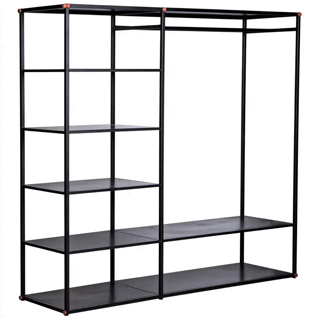 Perchero con estructura abierta con estantes laterales - negro