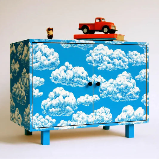 Aparador con puertas con estampado de nubes - azul/blanco