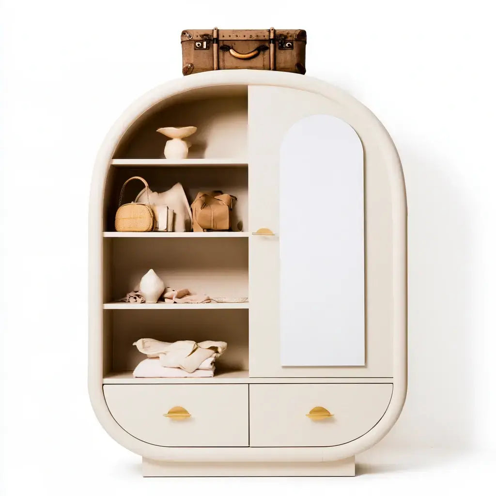 Armario con puerta ovalada y estantes abiertos - beige/blanco