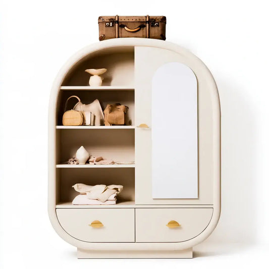 Armario con puerta ovalada y estantes abiertos - beige/blanco