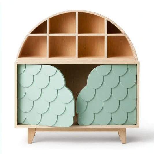 Aparador con remate semicircular y puertas decoradas - beige/verde