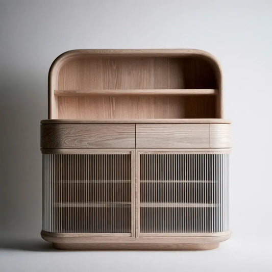 Aparador con puertas de rejilla y estantes curvos - marrón/beige
