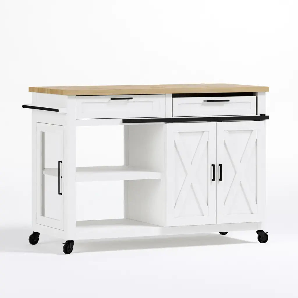 Isla de cocina con puertas correderas y estantes laterales - blanco/beige