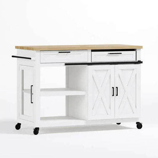 Isla de cocina con puertas correderas y estantes laterales - blanco/beige